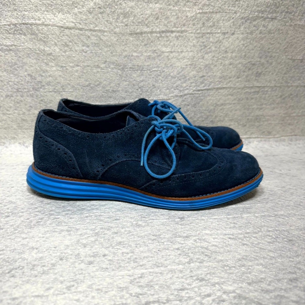Cole Haan Lunargrand Kids Wingtip Oxford Shoes Blue Suede Lace Up Size 8C